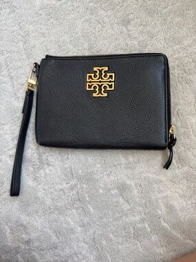 Tory Burch Black Pebbled Leather Wristlet with Gold Logo Accent